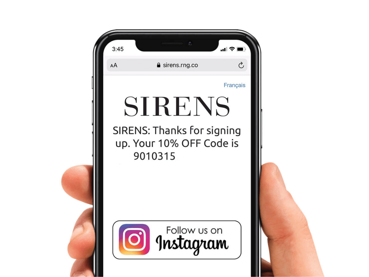 Raange | Text to Join Thank You Page for Sirens Retail on Mobile Device